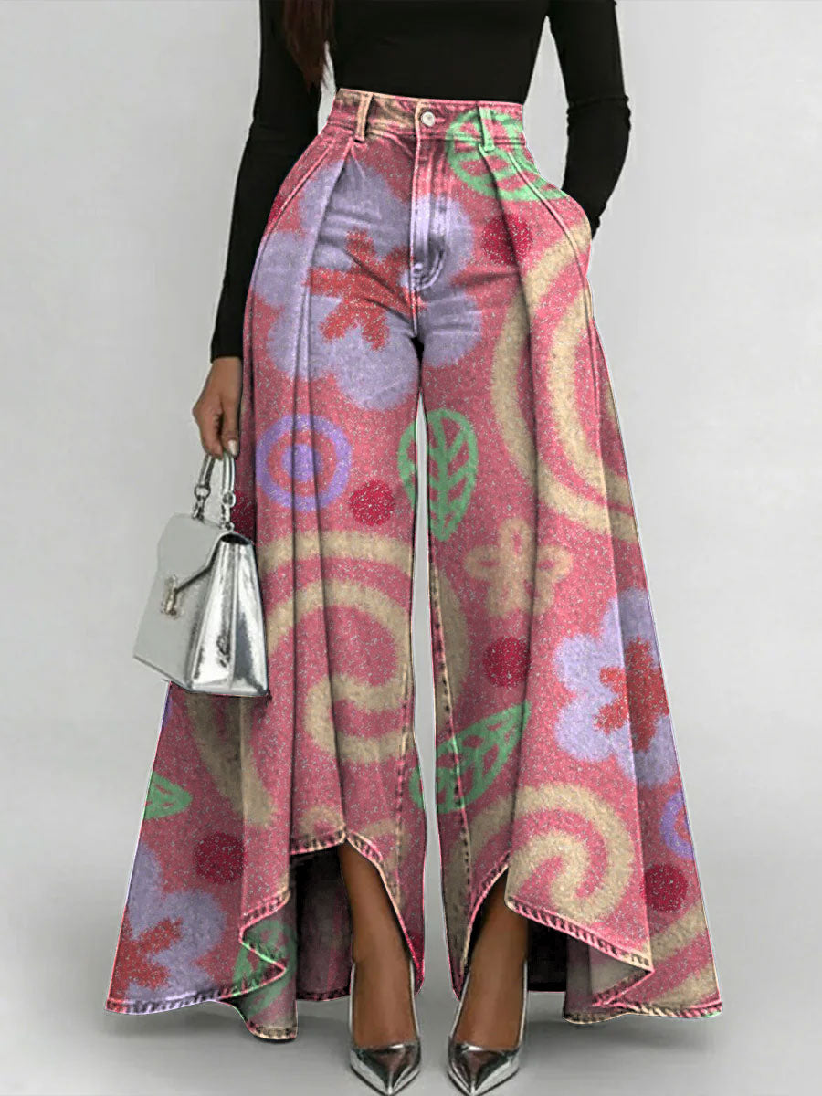 Women's Geometric Gradient Flowers Patchwork Print High-waisted Relaxed Wide-leg Jeans