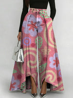 Women's Geometric Gradient Flowers Patchwork Print High-waisted Relaxed Wide-leg Jeans