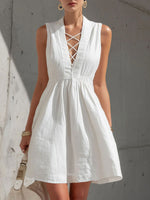 Women's Retro Sleeveless V-neck White Cotton-linen A-line Dress