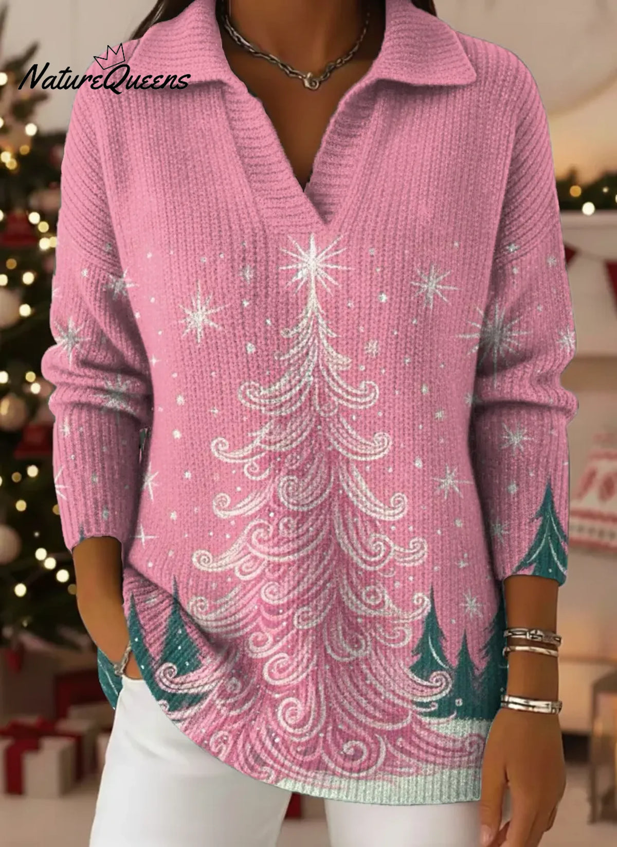 Women's Christmas Tree Pattern Art Print Casual Cotton Sweater