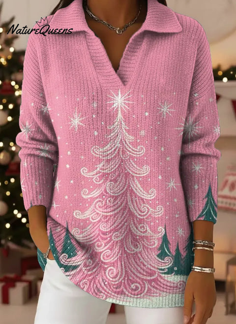 Women's Christmas Tree Pattern Art Print Casual Cotton Sweater