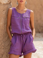 Front-zip Cotton-linen Sleeveless Top + Frayed-hem Shorts Set