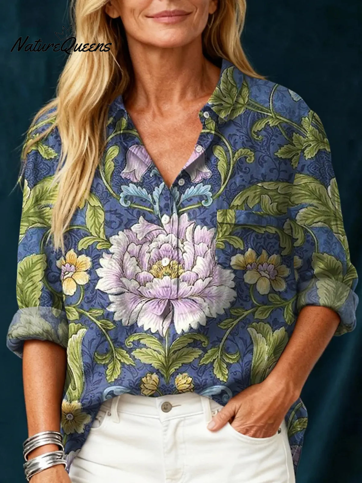 Women's Vintage FlowerArt Print Casual Cotton And Linen Shirt
