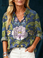 Women's Vintage FlowerArt Print Casual Cotton And Linen Shirt