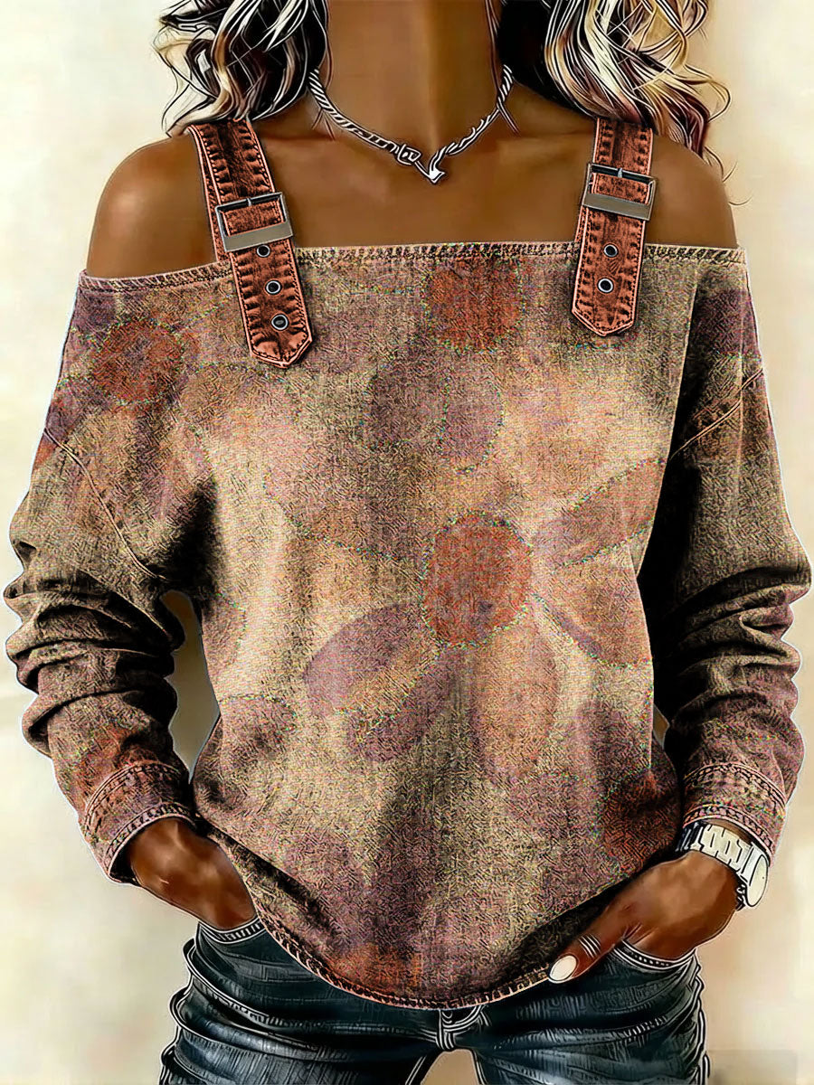 Women‘s Vintage Pattern Art Print Casual Cotton Denim Shirt