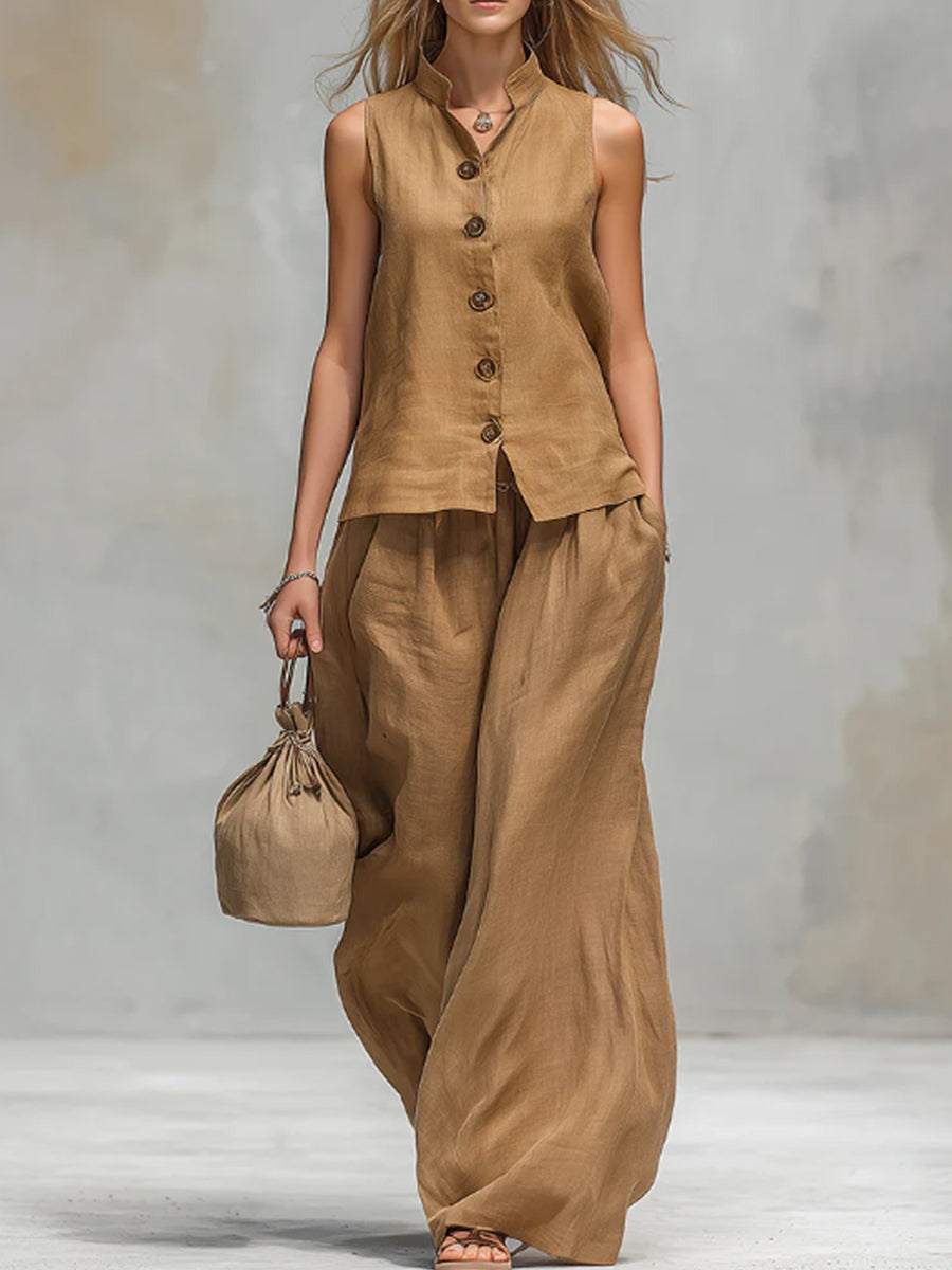 Comfortable And Casual V-neck Sleeveless Button-down Top And Trousers Set