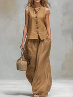 Comfortable And Casual V-neck Sleeveless Button-down Top And Trousers Set