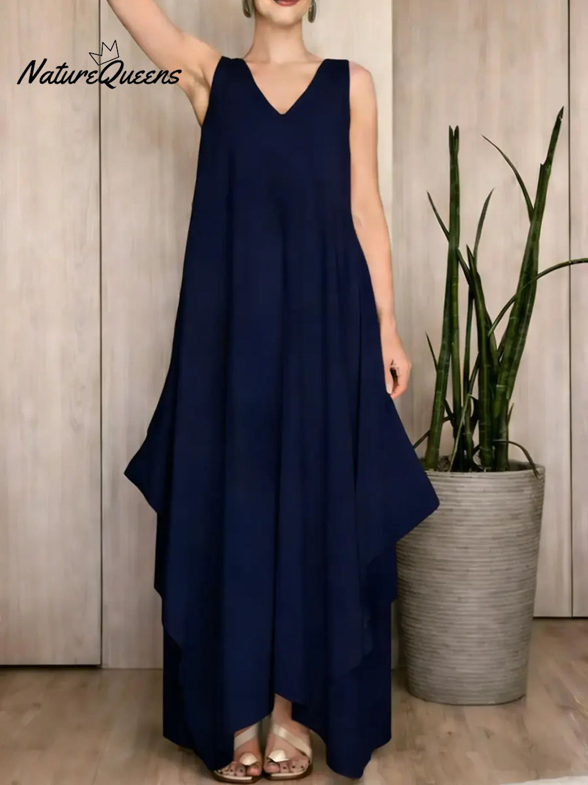 Women's Solid Color V-neck Sleeveless Loose Casual Cotton And Linen Dress