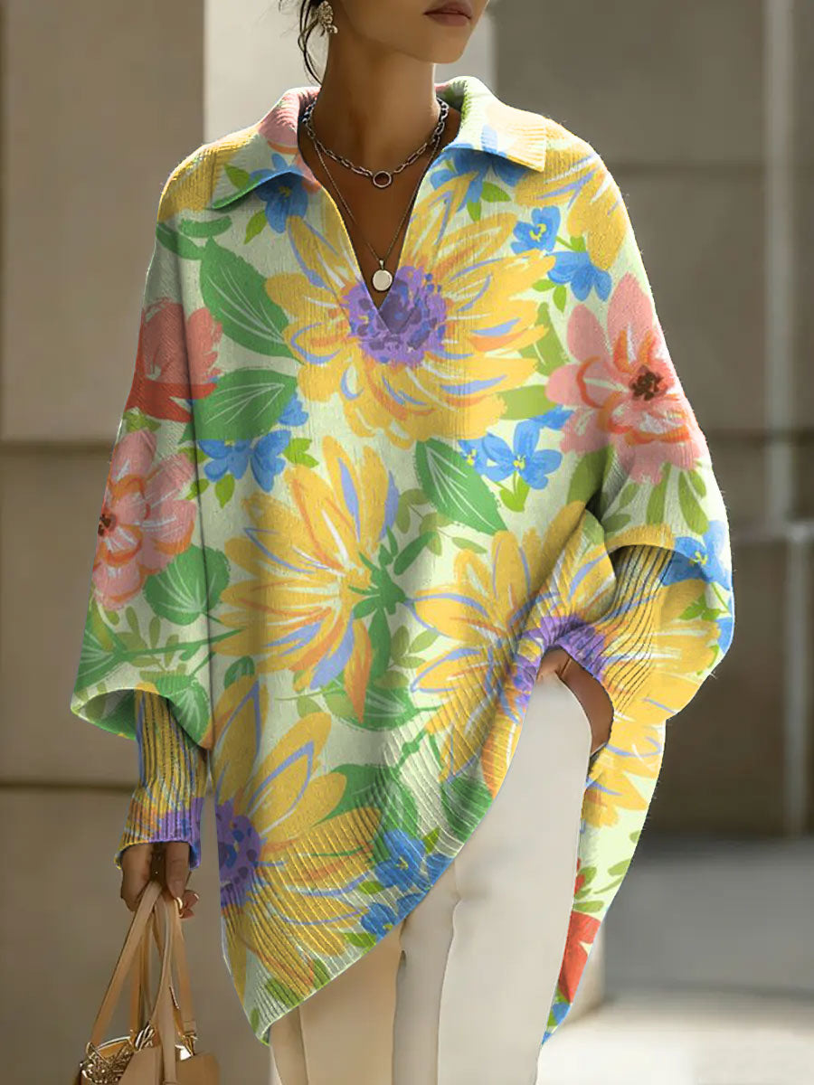 Women's Color Flowers Patterns V-neck Long-sleeved Casual Loose-fitting Knitted Pullover Sweater