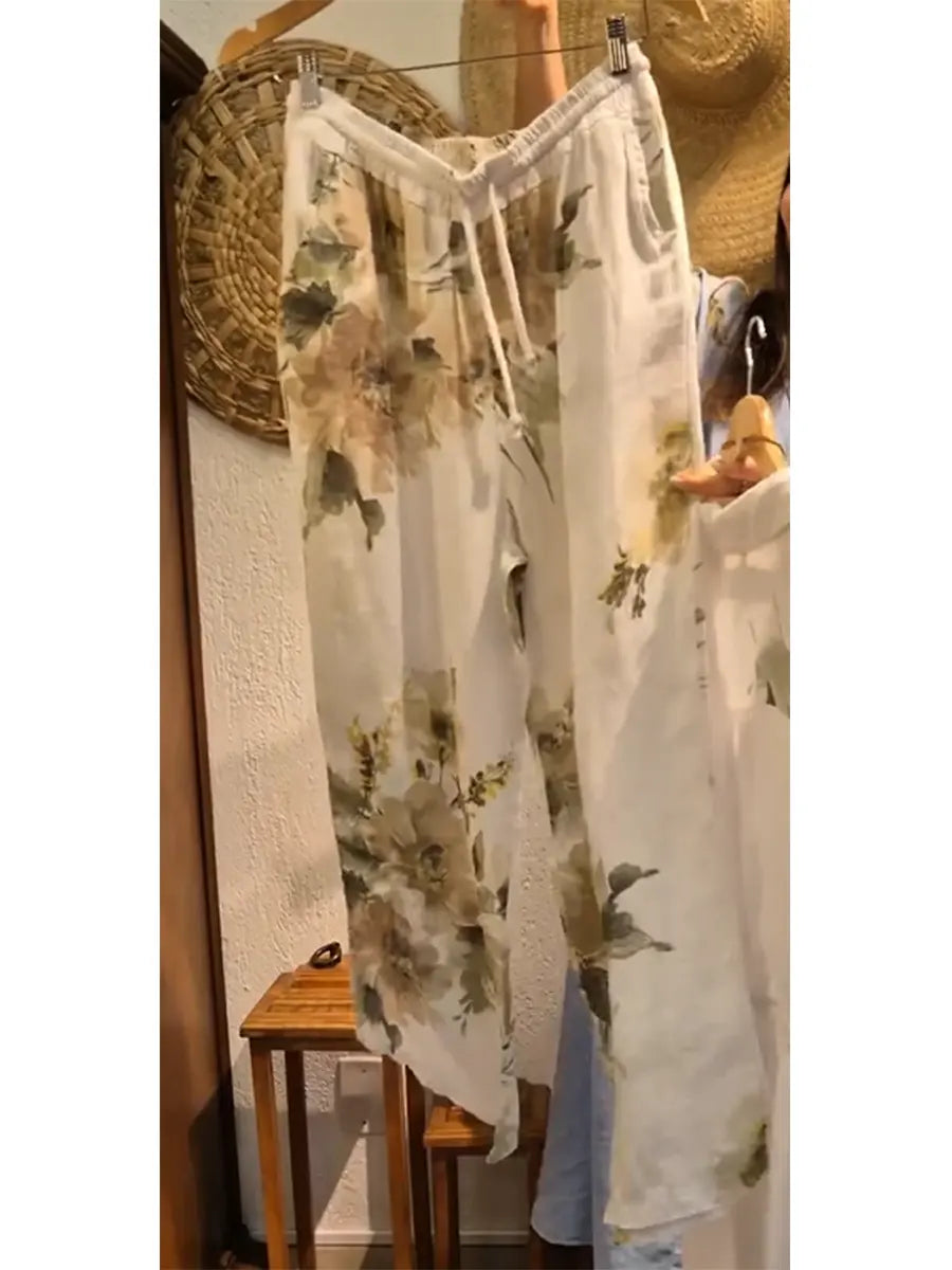 Women's Casual Floral Print Linen And Cotton Long Shirt And Pants Two-piece Set