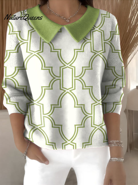 Geometric Line Decorative Pattern Women's Casual Peter Pan Collar 3/4 Sleeve Sweater