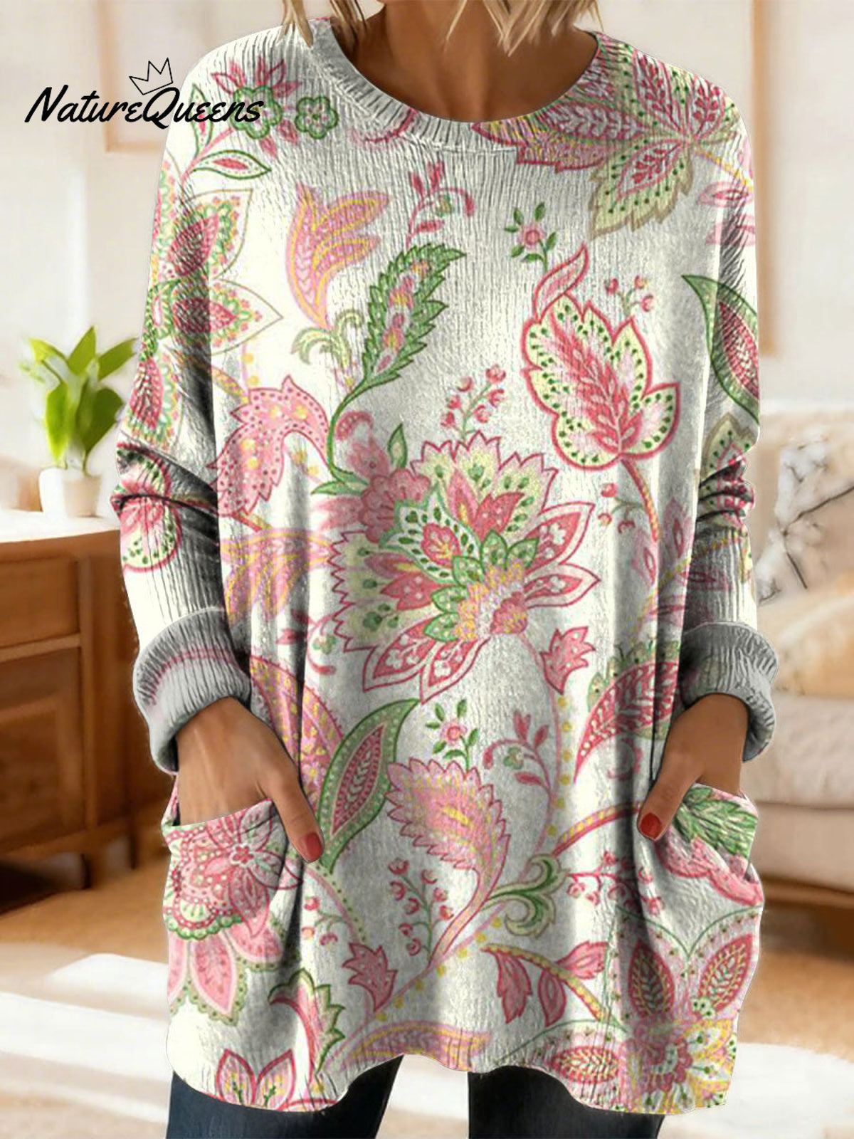 Women's Retro Floral Flower Ethnic Art Print Casual Cotton Knitted Sweater