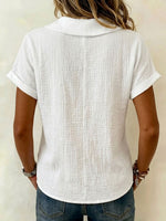 Peter Pan Collar V-neck Short-sleeve Cotton-linen Top