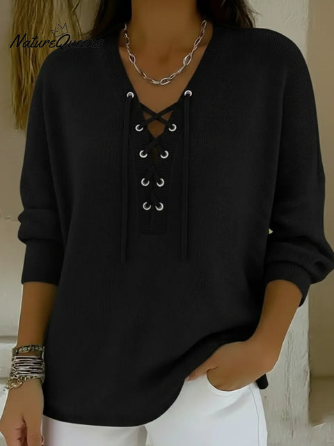 Casual V-neck Tie-front Pullover Sweater