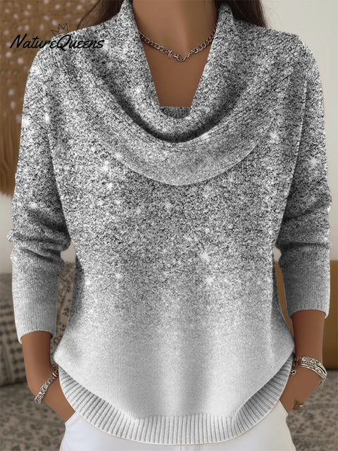 Women's Silver Sparkling Gradient Art Print Cowl Neck Sweater