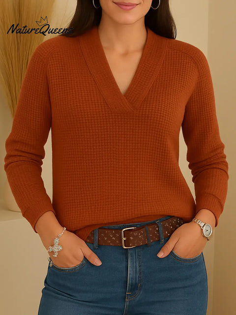 Women's Solid Color V-neck Long-sleeved Casual Loose Knit Pullover
