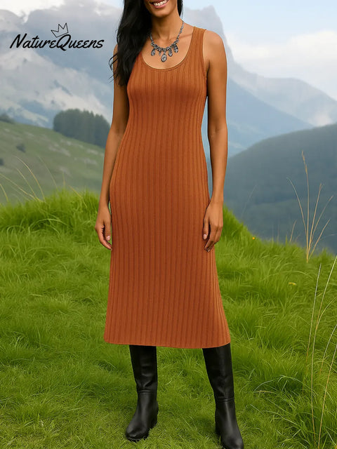 Women's Solid Color Turtleneck Knit Top and Vest Strap Knit Dress Set