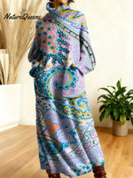 Women's Retro Floral Flowers High-neck Long-sleeve Casual Loose Knit Dress