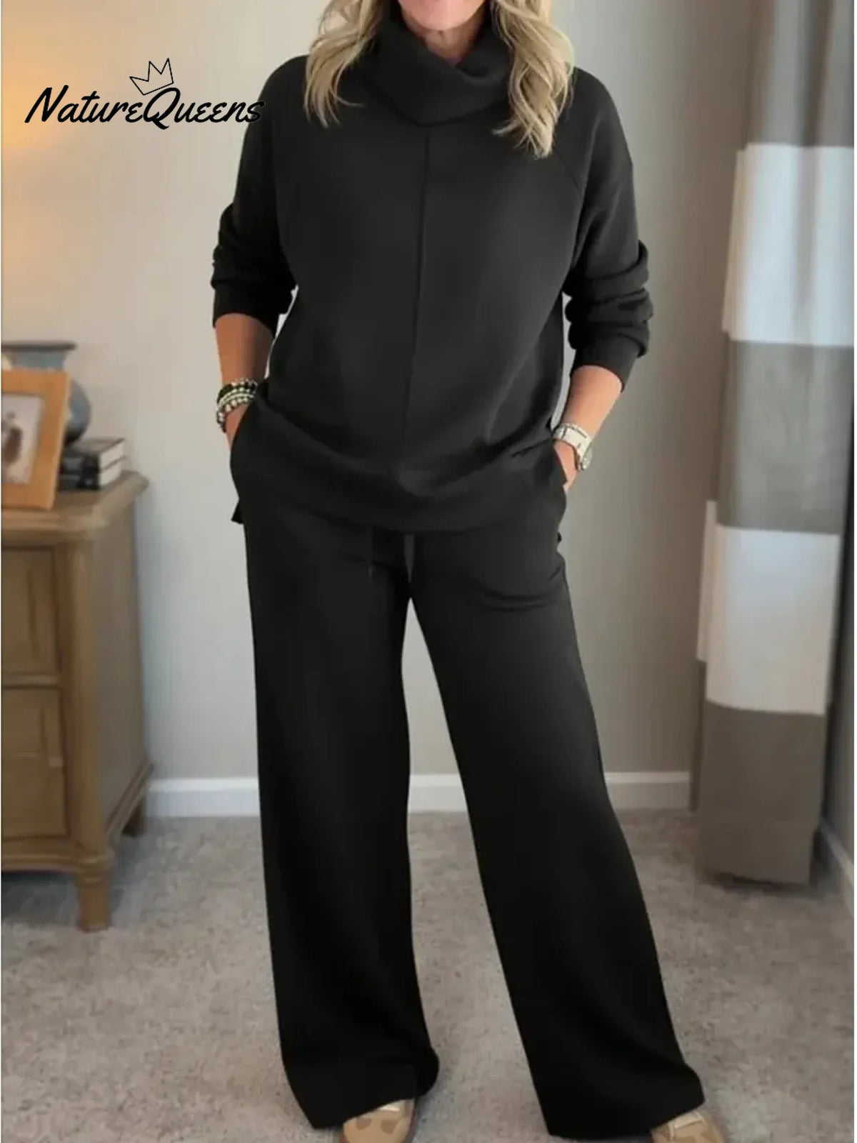 Women's Casual Turtleneck Cotton Sweatshirt And Pants Two-piece Set