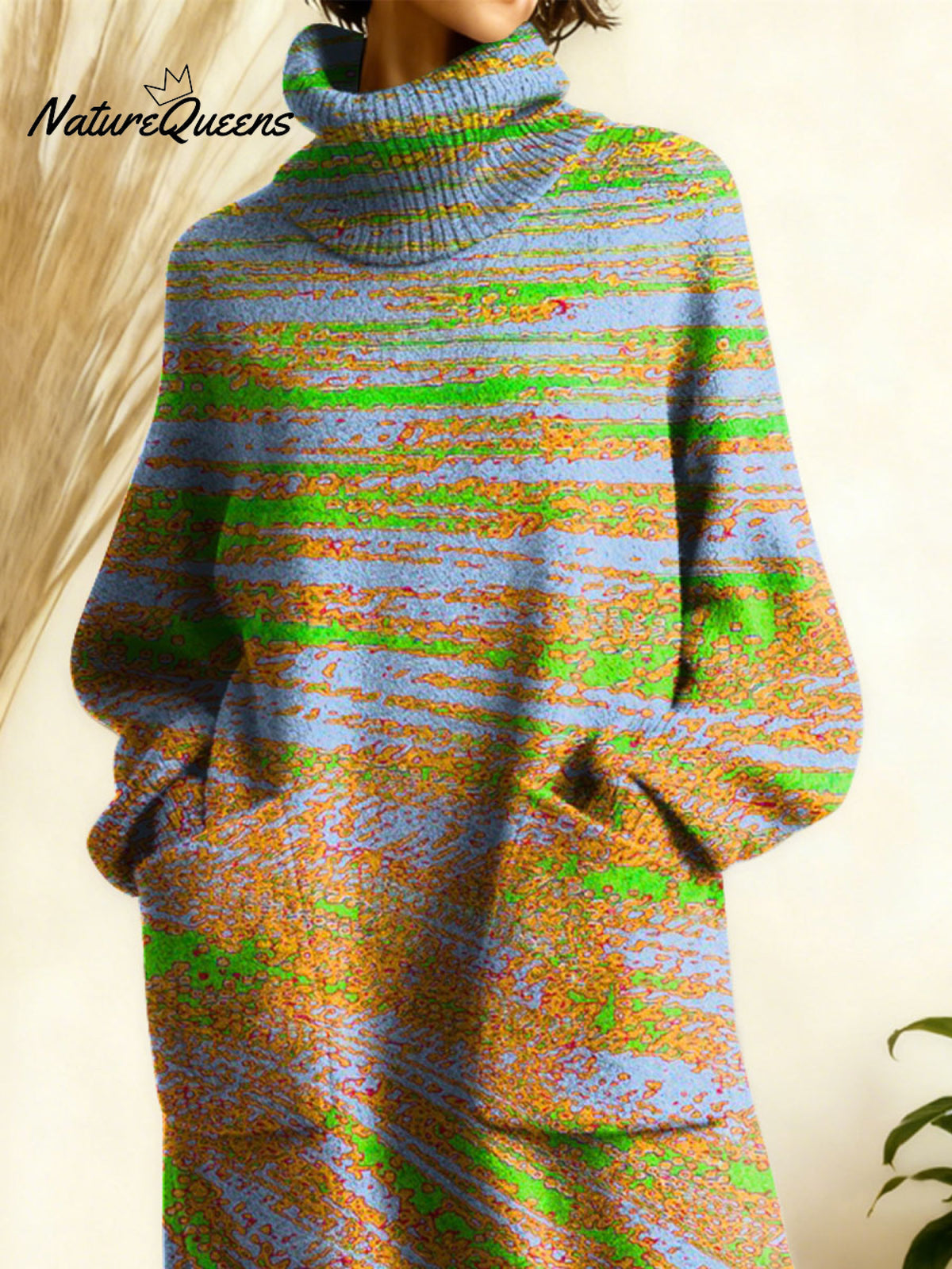 Women's Retro Color Gradient High-neck Long-sleeve Casual Loose Knit Dress