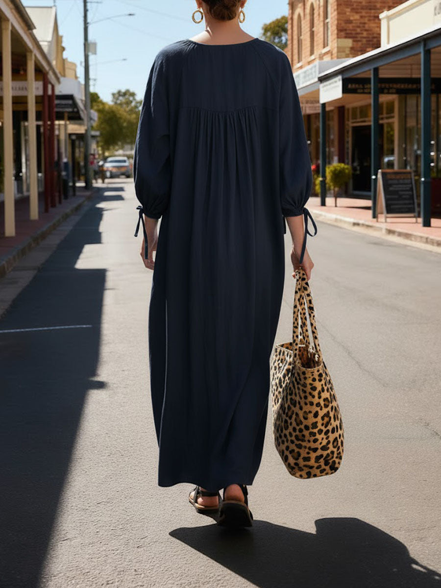 Women's Solid Color Round Neck Long-sleeved Casual Loose Pleated Cotton And Linen Dress