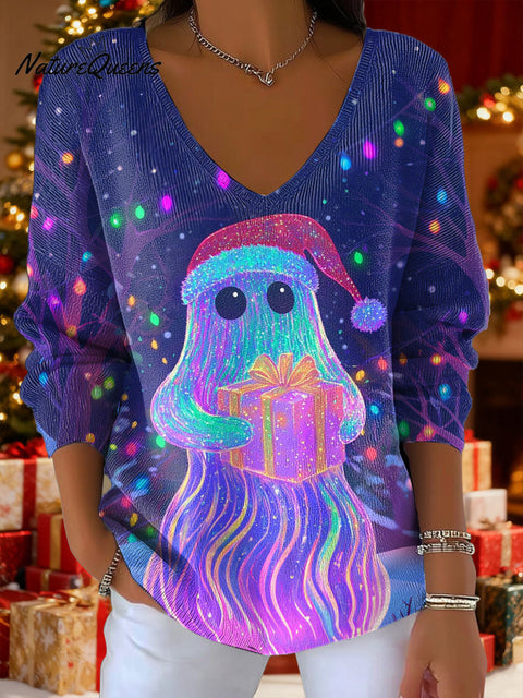 Women's Neon Lights Christmas Gifts Ghost Lights Pattern Art Print V-neck Solid Color Loose Shiny Sweater