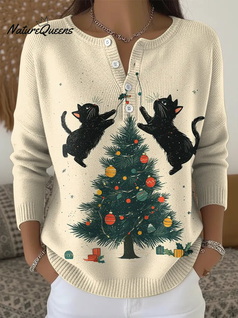 Christmas Cat Print Buttoned Cardigan Sweater