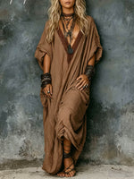 Women's Solid-color V-neck 3/4-sleeve Casual Loose Cotton-linen Dress