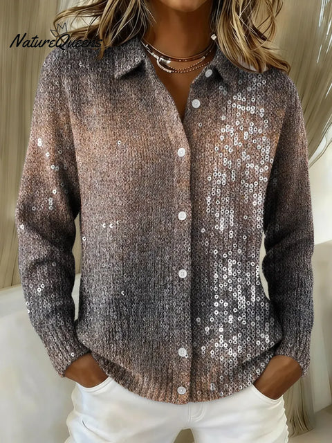 Women's Sparkling Sequins Printed Collared Sweater