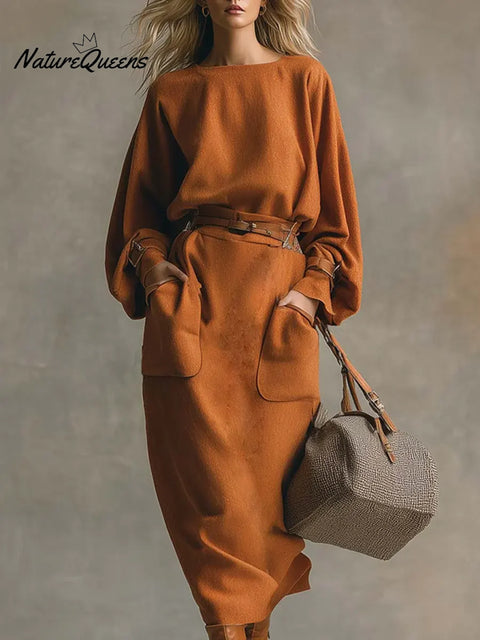 Women's Solid Color Round Neck Long Sleeve Casual Loose Dress