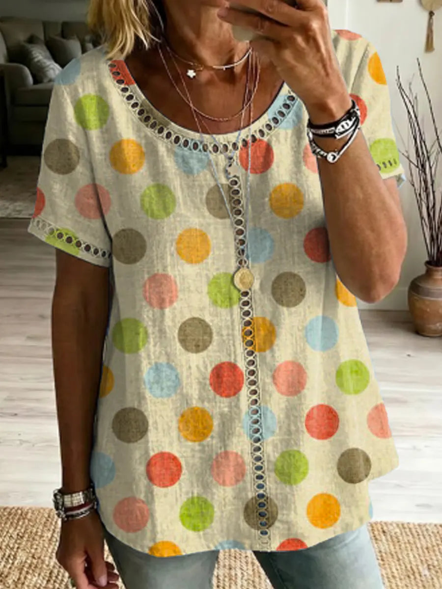 Women's Retro Polka Dot Art Print Casual Stylish Hole Cotton Shirt