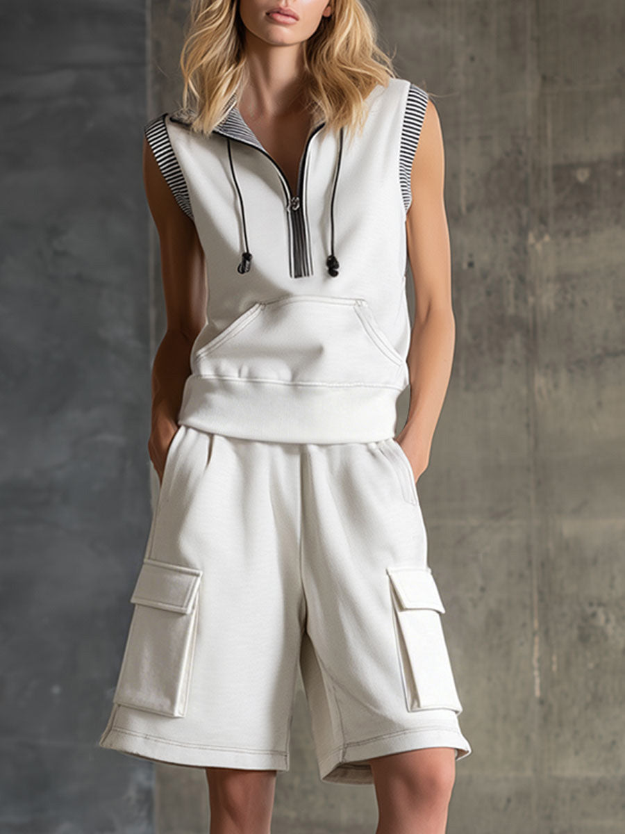 Women's Casual Set: Lapel Sleeveless Loose-fit Hoodie Top & High-waisted Wide-leg Shorts