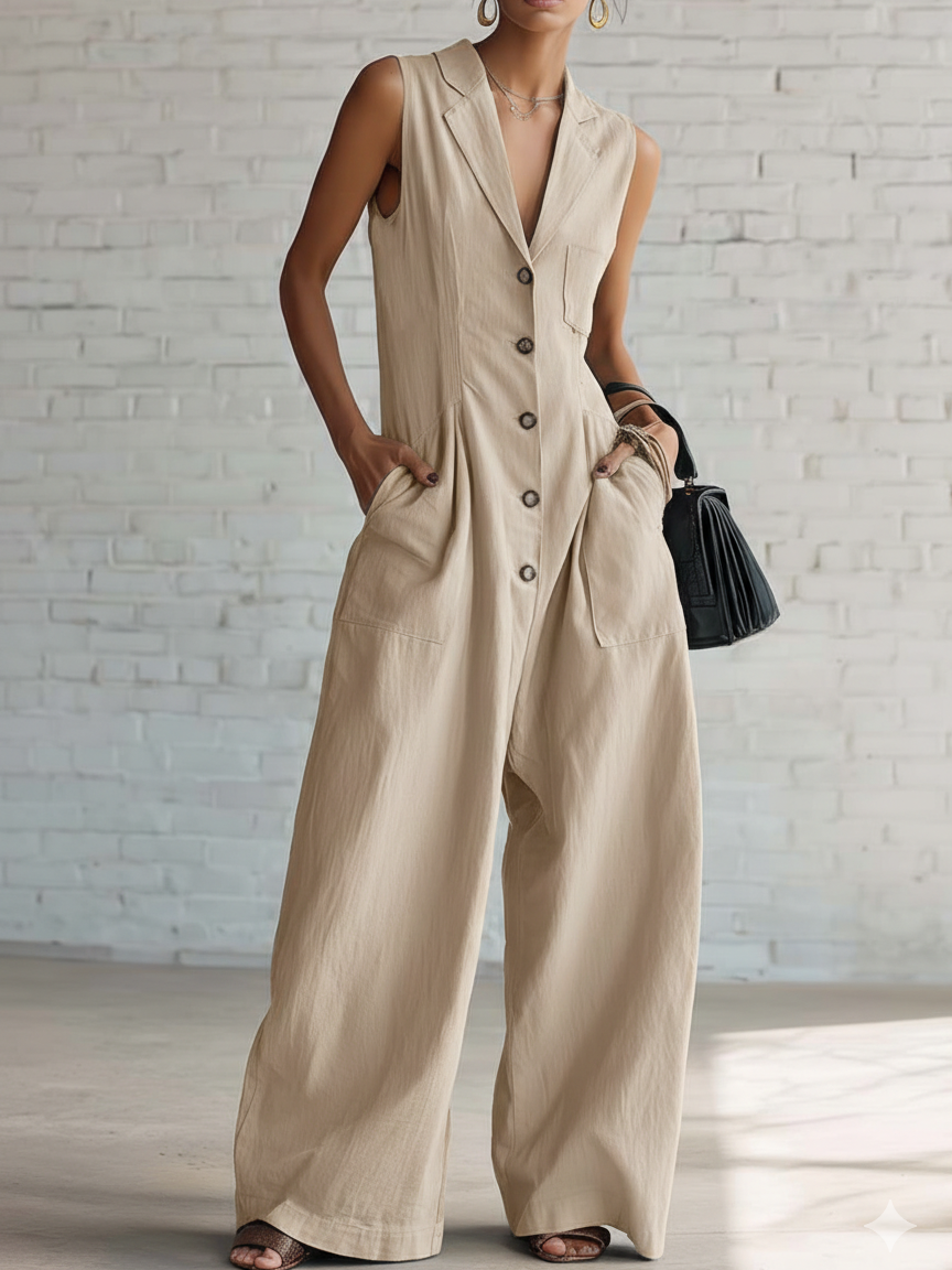 Elegant Lapel Button-up Loose-fitting Linen Jumpsuit