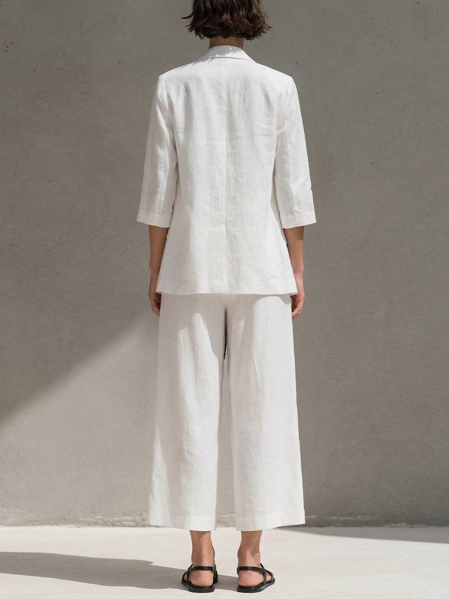 Women's Solid Color Casual Loose Cotton Linen Jacket V-neck Camisole Elastic Waist Drawstring Wide-leg Pants Cotton Linen Three-piece Set