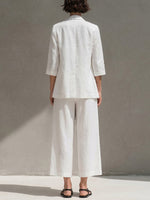 Women's Solid Color Casual Loose Cotton Linen Jacket V-neck Camisole Elastic Waist Drawstring Wide-leg Pants Cotton Linen Three-piece Set