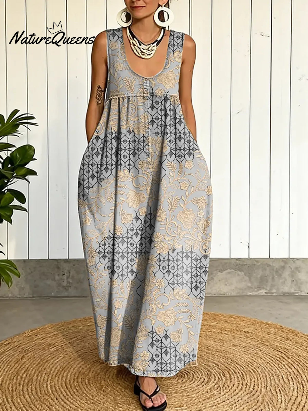 Women's Vintage Flower Pattern Art Print Casual Cotton Denim Dress