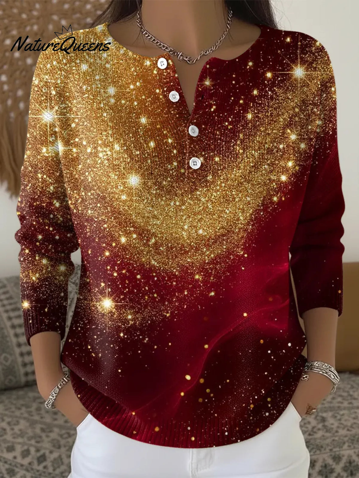 Women's Gold Glitter Gradient Casual Printed Sweater