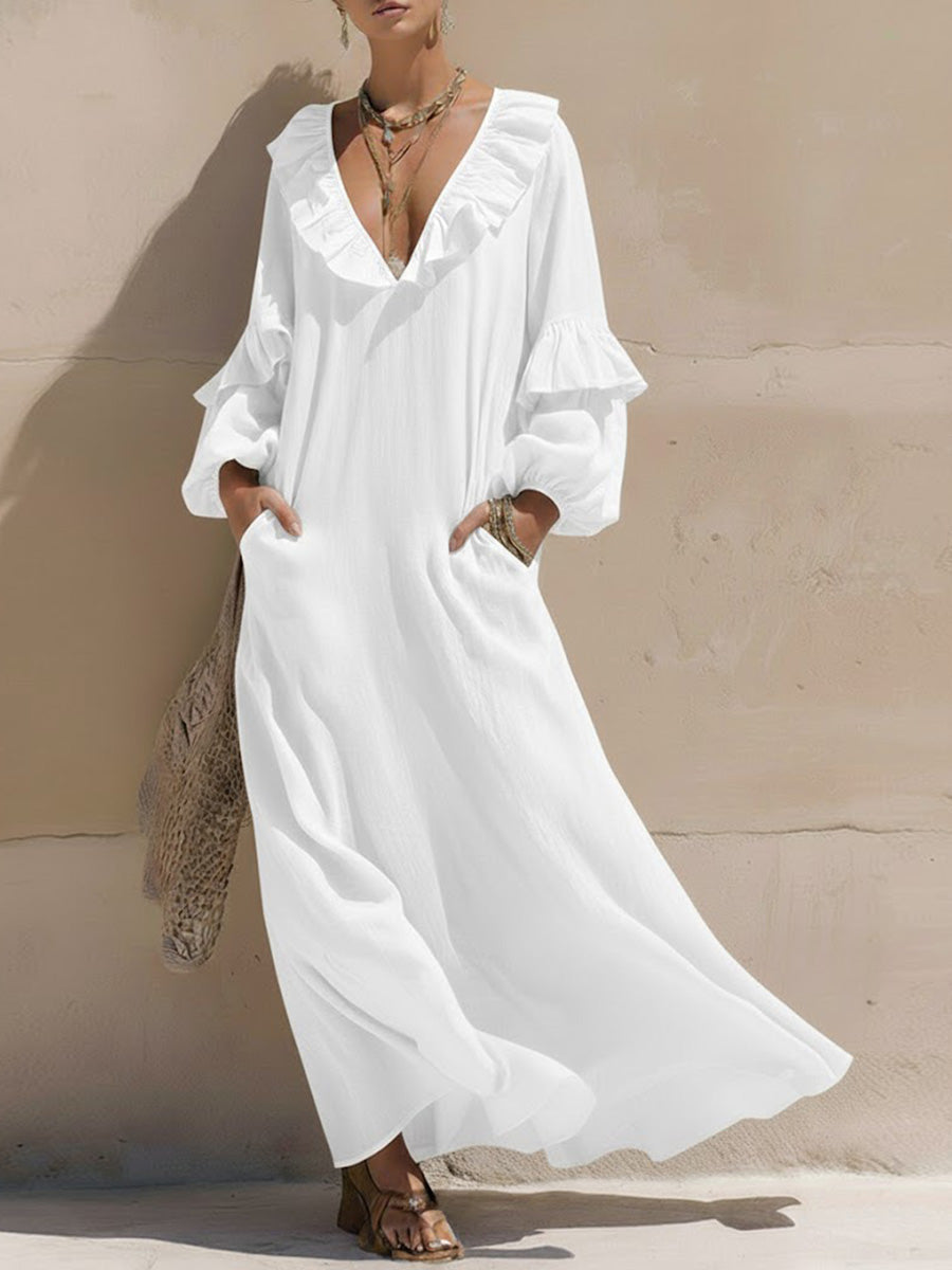 Women's Solid Color Ruffle V-neck Long-sleeved Casual Loose Cotton And Linen Dress