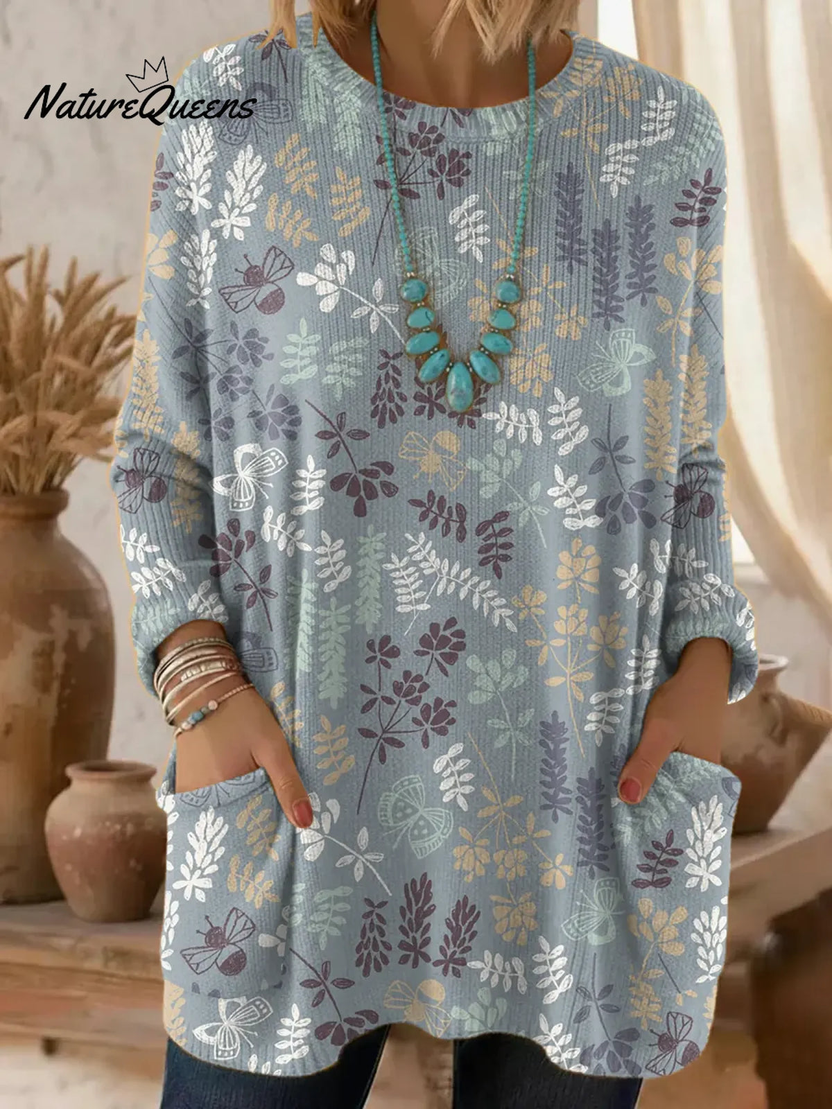 Women's Vintage FlowerArt Pattern Art Print Casual Cotton Knitted Sweater