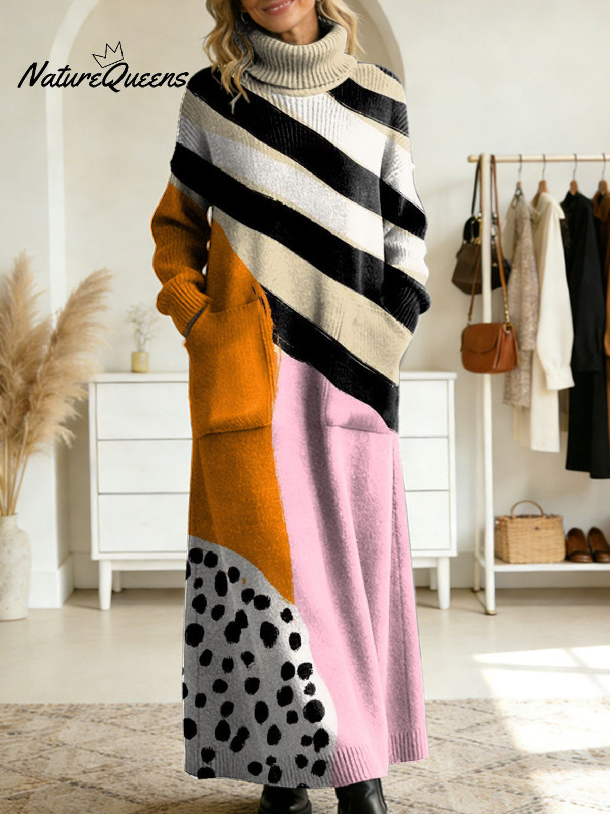 Women's Retro Abstract Geometric Colorful Splicing Patterns Art High-neck Long-sleeve Casual Loose Knit Dress