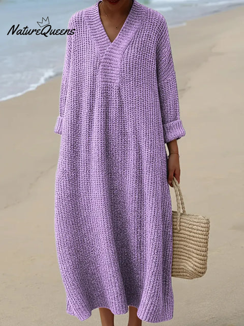 Women's V-neck Knitted Sweater Dress