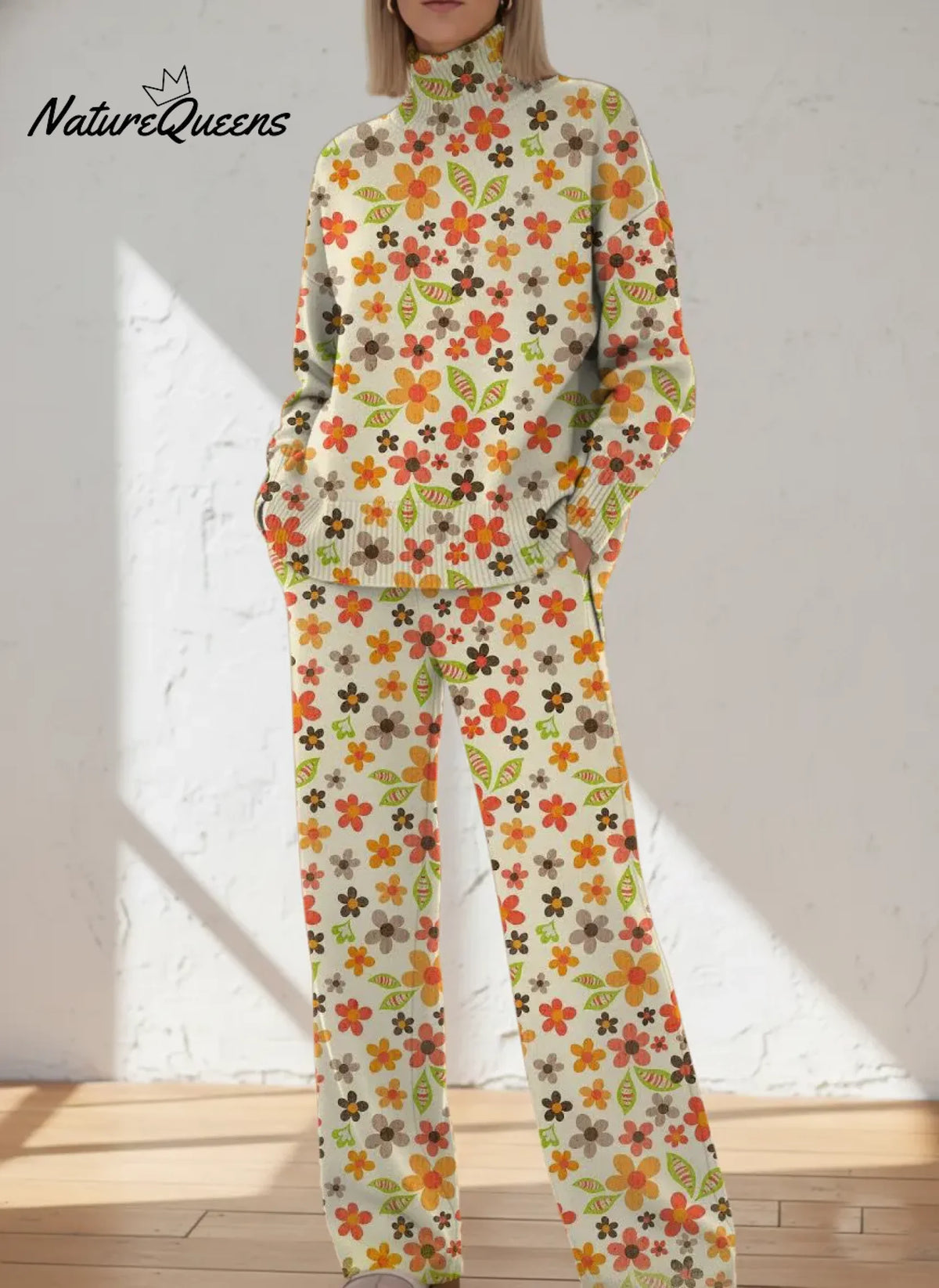 Women's Floral Pattern Art Print Casual Knitted Cotton Top Pants Suit