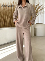 Women's Solid Color Collared Long-sleeved Casual Loose Top With Elastic Waist And Wide-leg Pants Set