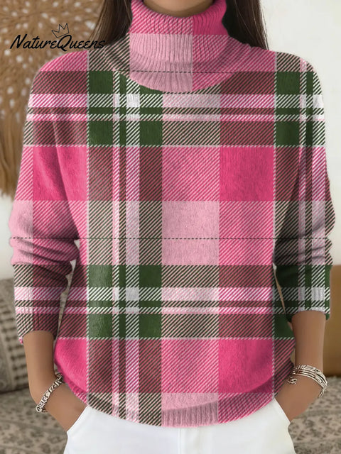 Women's Plaid Pattern Art Print Casual Turtleneck Pullover Sweater