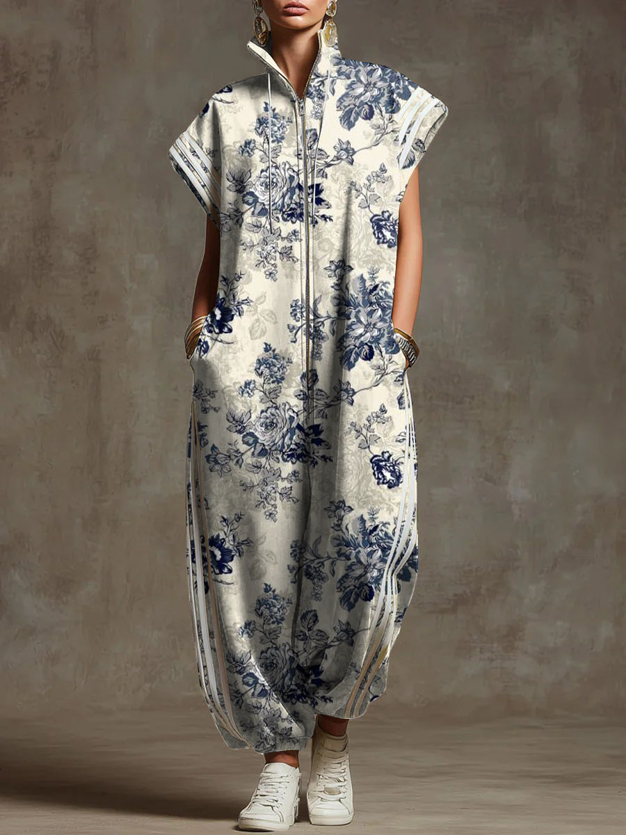 Women's Retro Flower Print Stand-collar Short-sleeved Casual Loose Cotton Wide-leg Jumpsuit