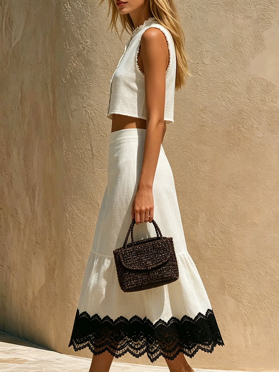 Women's Color-block Lace-trimmed White Round Neck Sleeveless Cotton-linen Shirt And Skirt Set