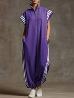 Women's Relaxed Stand-collar Short-sleeved Casual Loose Cotton Wide-leg Jumpsuit