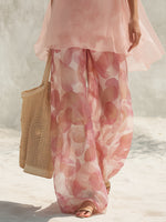 Pink Petal Print Sheer Organza Camisole Top & Wide Leg Pants Set