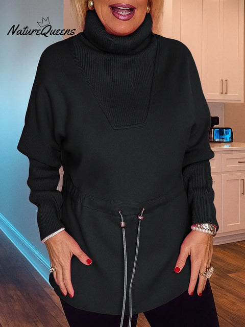 Women's Solid Color Turtleneck Long-sleeved Casual Loose Drawstring Top