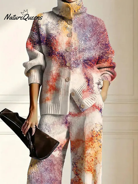 Women's Gradient Color Art Print Casual Cotton Knitted Suits
